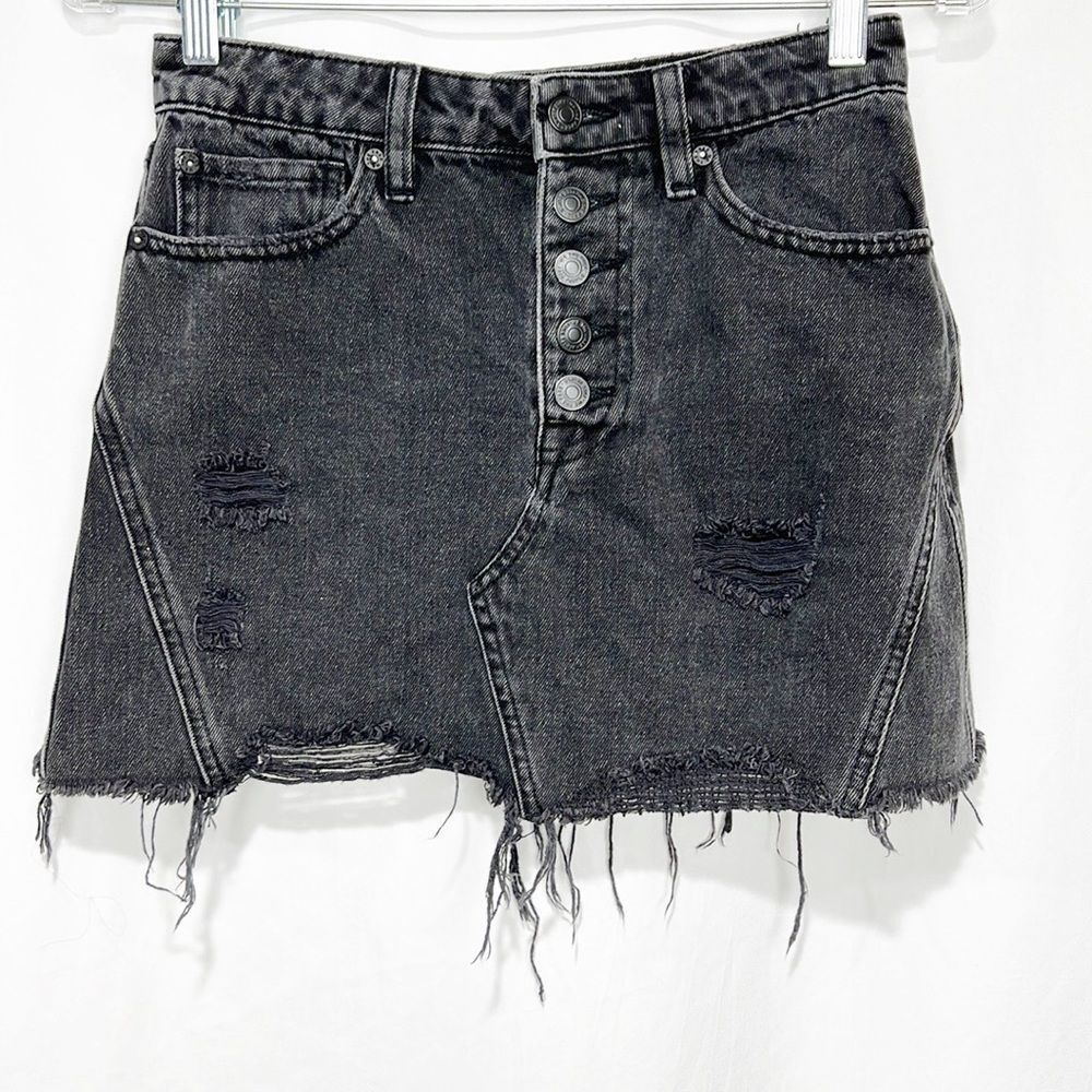 We The Free A-Line Washed Black Button Fly Distressed Denim Skirt OB792191 25 - Picture 3 of 14